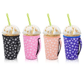 4Pack Reusable Iced Coffee Sleeve Insulator Sleeves for Cold Drinks Beverages, Neoprene Cup Holder for Most Coffee, Fits 22-24oz Medium Cups (Paw with handle)