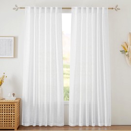 RYB HOME Sheer Curtains White 90 inches Long - Linen Texture Wave Fabric Vertical Window Shades for Sliding Glass Door Balcony Terrace Sun Room Beach Pool House, 52 x 90 inches, 1 Pair