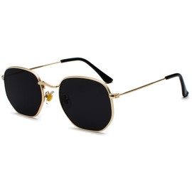 JCTAIFOO Fashion Polygon Sunglasses for Men and Women Lightweight Hexagonal Metal Frame UV400 Protection Glasses Gold/Dark Grey