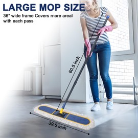 KeFanta 36" Commercial Dust Mops for Floor Cleaning,Industrial Dry Wet Mop with Heavy Duty Long Handle,2 Large Cotton Washable Mop Pads,for Hardwood,Tile,Concrete,Laminate,Garage Floors(Blue)