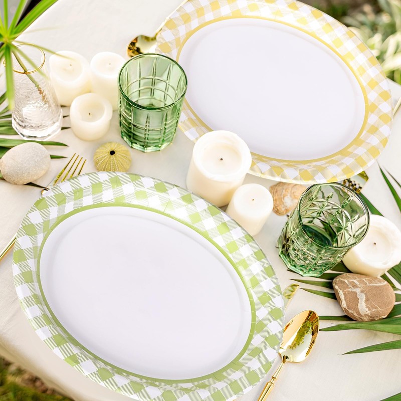 FYSUIMU 40 Pcs Pastel Gingham Oval Paper Plates Colorful Checkered