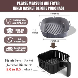 Golden Associate Silicone Liners Square 8 Inches for Air Fryer, 2 Pcs Non-stick Food-grade Reusable Silicone Pot Baking Tray Basket Bowl Oven Airfryer Accessories Grey