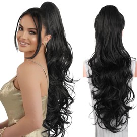 26 Inch Black Ponytail Extension - Soft Wavy Pony Tails Hair Extensions, Claw Clip Ponytail Extension, Natural Long Hair Extensions Ponytail, Synthetic Hair Pieces for Women (Color: Black)