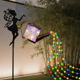 Solar Light Watering Can with Fairy Garden Decor, Solar Powered Metal Statues with Cascading Lights for Lawn, Pathway, Garden Decoration, Waterproof, Ideal Gift for Outdoor Decor（Warm White）
