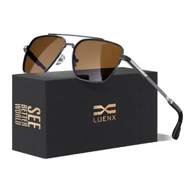 LUENX Aviator Sunglasses for Men Women Square Polarized Polygon Brown Lens Gunmetal Frame 58MM