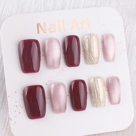Handmade Nail Tips Medium Square Light Pink Burgundy Elegant Temperament Take Pictures Wedding Party 10pcs Gel Nail Tips Small