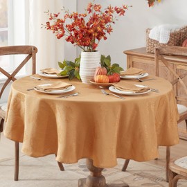 Newbridge Thanksgiving Gold Tremont Autumn Leaf Damask Round Fabric Tablecloth, 70 Inch