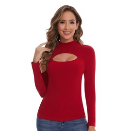 SHAPERIN Women's Mock Neck Long Sleeve Tops Cutout Front Sexy T Shirts Layer Tunic Tee (Medium,Red)