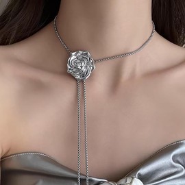 TseenYi Flower Y Lariat Necklace Silver Rose Flower Choker Necklace Long Floral Y Drop Pullover Necklace Long Chain Drop Lariat Necklace Funky Long Sweater Chain Necklace, Zinc, No Gemstone