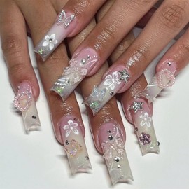 Press on Nails Long Square Coffin French Tip Fake Nails with Nude Pink 3D Bow Heart Design Full Cover Glossy Acrylic Glue on Nails False Nails Thick Stick on Nails for Women 24Pcs JP2877