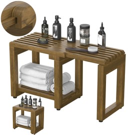 26.4'' Length Adjustable Wooden Shower Benches for Inside Shower, Waterproof Sauna Bench with Storage for Spa, 440lbs Acacia Wood Shower Bench for Bathroom, Shower Stools for Adults Seniors Elderly