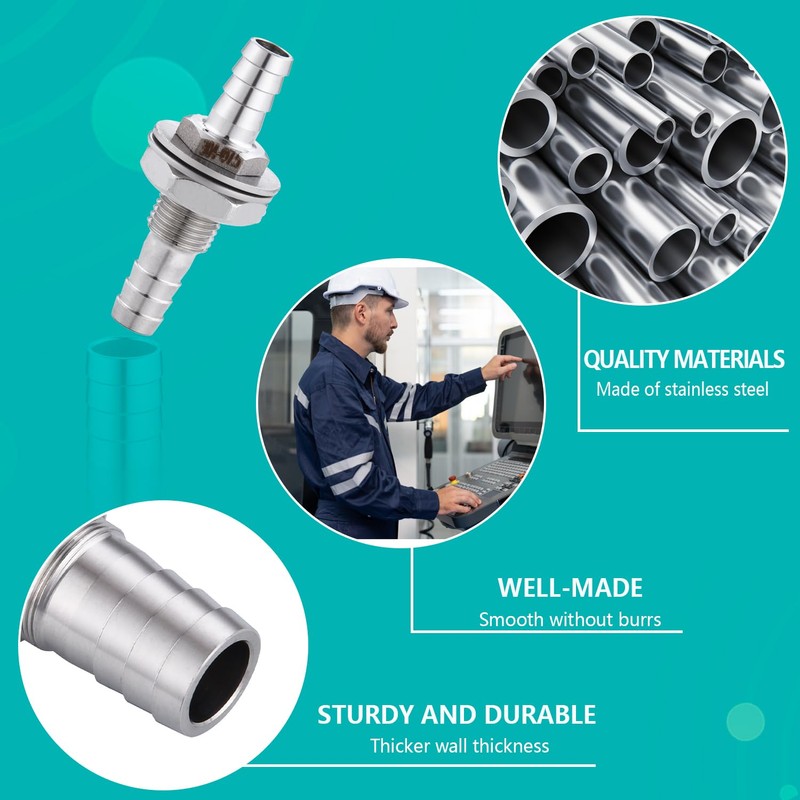 1/4" Hose Barb Thru-Bulk Bulkhead Fitting,304 Stainless Steel Straight Hex