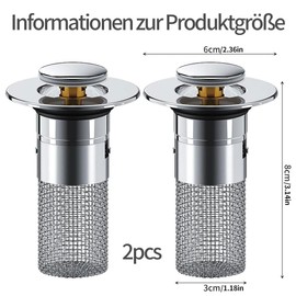 Set of 2 Sink Plugs with Strainer Stainless Steel, for 34-40 mm Drain Drain with Strainer Basket, Drain Plug Stainless Steel Sink Plug, Drain Plug Sink with Hair Strainer