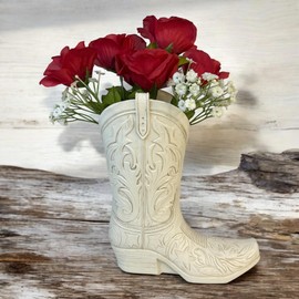 Cowgirl Boot Flower Vase – 10 1/2” Tall Antique White Finish with Intricate Tooled Leather Detailing – Modern Rustic Western Cowboy Home Décor for Flowers or Standalone Accent