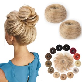 KISANOF Human Hair Bun Piece Light Golden Brown Highlighted Bleach Blonde Elastic Rubber Band Ponytail Extensions(2 Count #P12-613 Light Golden Brown Highlighted Bleach Blonde）