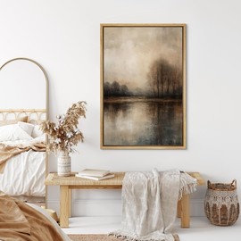 SIGNLEADER Framed Canvas Print Wall Art Rustic Landscape Brown Trees and Lake Reflection Illustration Modern Art Decorative Nordic Zen for Living Room, Bedroom, Office - 24"x36" NATURAL