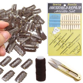 Wig Clips with Soft Rubber Hair Extensions Clips 32mm U-Shape Snap Comb Clips Hair Wig Clip Needles Thread Scissors Set for wig hair extensions (Dark Brown, 32MM)
