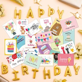 20 Birthday Cards Multipack, Pack of 20 Birthday Cards for Adults or Children, Various Birthday Stickers and Kraft Envelopes