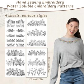 YBEATY 4 Sheets Water Soluble Stabilizer Embroidery Patterns Stick and Stitch Embroidery Flower Paper Floral Daisy Designs Wash Away Stabilizer Printable Draw Patterns for Hand Sewing Lover Beginners