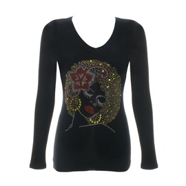 Women's Woman with Red Flower in her Hair Rhinestone Bling V-Neck T-Shirt Medium