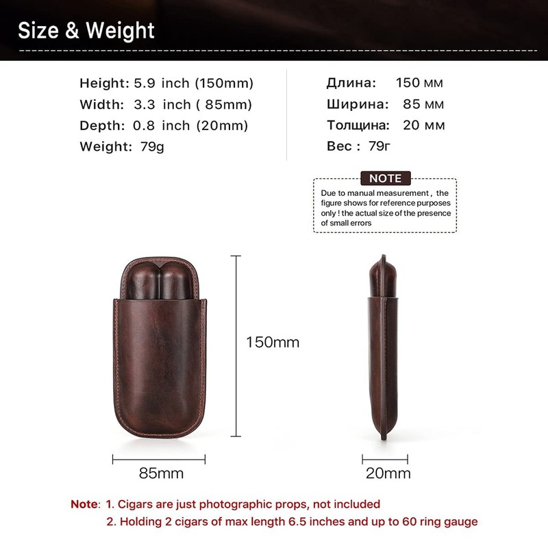 Hiram Cigar Travel Case for 2 Cigars Genuine Oil Leather