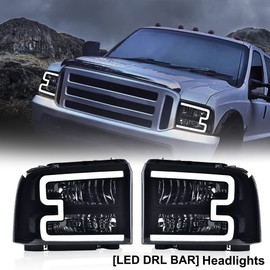 LQI LED Pair Headlight Assembly W/Harness, Compatible with Ford F250 F350 F450 F550 2005-2007, Fit Ford Excursion 2005, Smoky Lens Black Housing Clear Reflector, 6C3Z13008DB, 6C3Z13008CB