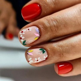 24 Pcs Small Flower Press on Nails Short Square -ZIFANHU Cute Fake Nails Press ons Nail Art Tip Glue on Nails Full Cover Artificial Acrylic False Nails Stick on Nails for Women Girls Nail Art DIY