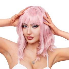 KMISO Synthetic Wigs for Women - Short Wavy Wigs with Bangs - Hand-Trimmed Synthetic Fiber with Natural Seams, Adjustable Rose Mesh Band - Breathable Hair Piece for Black & White Women (Pink)