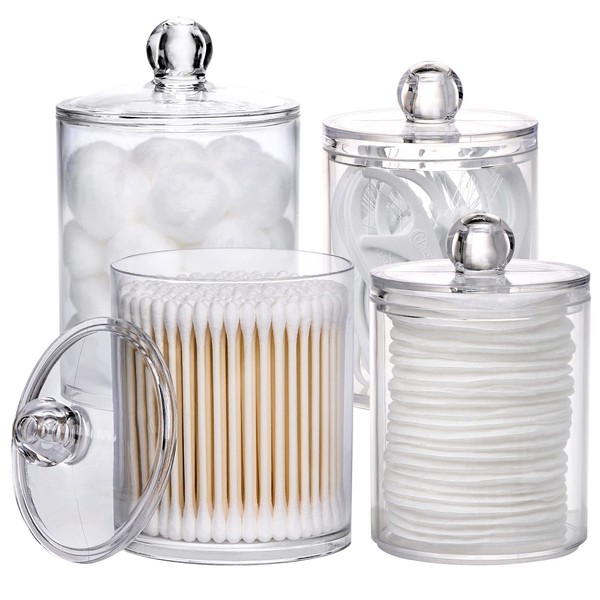 Tbestmax 4 Pack Qtip Holder 10oz, 12oz Bathroom Storage Containers Clear Plastic Apothecary Jars with Lids for Organizing Cotton Ball, Cotton Swab, Cotton Round Pads, Floss