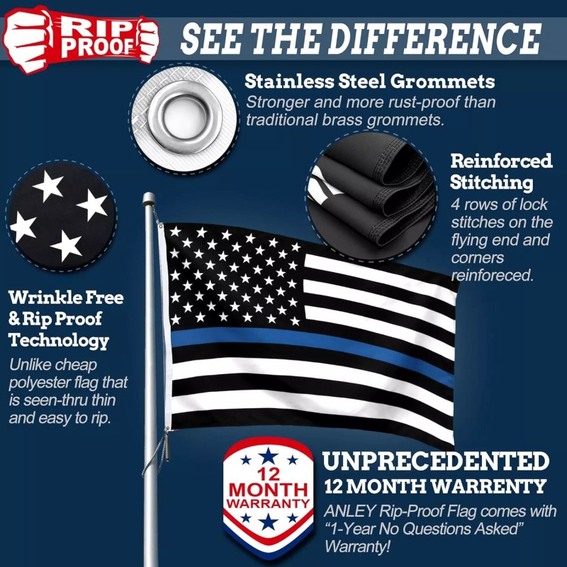 Anley Rip-Proof Double Sided Thin Blue Line USA Flag 3x5