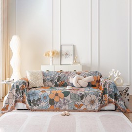 DREAMINGO Vintage Floral Couch Cover Botanical Jacquard Slip Covers for Sofas/Couches Multi-Functional Farmhouse Couch Blanket Cover Washable Sofa Covers 3 Cushion Couch Protector, 71"x134"