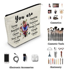 YULUENZE Bible Verse Makeup Bag Butterfly Cross Toiletry Organizer Pouch with Zipper You Are Strong Beautiful Chosen Canvas Cosmetic Bag Inspirational Present for Women Friends Sisters
