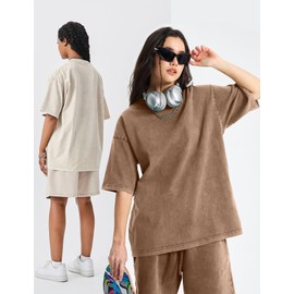 Arssm 3 Pack Women Oversized T Shirts Acid Washed Cotton Tees Vintage Baggy Loose Fit Streetwear Workout Tops(Grey+Khaki+Beige-L)