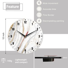 SPUNKER Clock for Bedroom,White Gold Marble Wall Clocks for Living Room Decor,Abstract Kitchen Clocks Wall Battery Operated - 10 Inch Round Bathroom Wall Clock Silent Non-Ticking