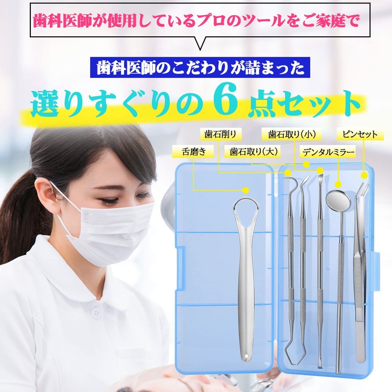 歯用ツール 歯石取り 六点セット器具 デンタルミラー スケーラー タングスクレーパー 歯垢除去 ステンレス鋼製 収納ケース付き [一般医療機器]