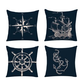 Spldsun Pack of 4 Nautical Cushion Covers, Cushion Covers with Nautical Anchor, Sofa Cushion Covers, Decorative Cushion Covers with Sea Motifs for Bed, Sofa, Garden, Car (45 x 45, 4 Styles)
