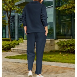 SeeLuNa Lounge Sets for Women 2 Piece Outfits Long Sleeve V Neck Pullover Sweatshirts Wide Leg Pants Travel Tracksuit Set(Navy,XS)