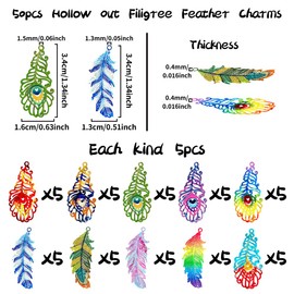 COLIGREE 50pcs Multicolor Filigree Feather Charms Two Face Painted Colorful Plume Pendant for DIY Earring Necklace Jewelry Making Bookmark Hanging Decorations (Mixed Small)