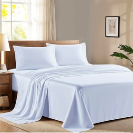 Ashton Sheets 100% Egyptian Cotton Queen Size Sheet Set - 600 Thread Count Egyptian Cotton Sheets Set for Queen Size Bed (4 Pc, Light Blue), Soft, Cooling, Luxury Hotel 16" Deep Pocket Sateen Bedsheet