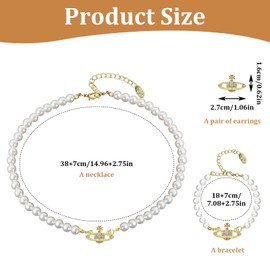 LXYNALI Saturn Pearl Necklace Saturn Pearl Gold Necklace Pearl Bracelet Earrings Jewellery Set Women's Birthday Anniversary Valentine's Day Gifts for Wife Girlfriend Mother, Pearl alloy, No Gemstone