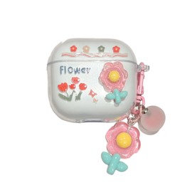 Casevita Cute Case Compatible with AirPods 4 Active Noise Cancelling with Pendant, Clear 3D Flowers for Women Shockproof Protective Case Compatible with AirPods 4