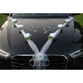 ORGANZA M + HERZEN Braut Paar Rose Deko Dekoration Autoschmuck Hochzeit Car Auto Wedding Deko Ratan Girlande ®Auto-schmuck PKW (Reinweiß/Weiß/Weiß)