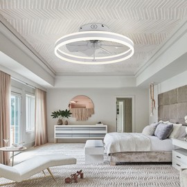 Dawn Whisper White Ceiling Fans with Lights, Modern 20" Ceiling Fans Flush Mount 6 Speeds, Low Profile LED Ceiling Fan for Bedroom