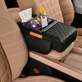 Funda Reposabrazos Universal 5 en 1 Cuero Impermeable para Auto Organizador de Consola Central con 2 Portavasos, Dispensador de Pañuelos, Ranura para Celular, Sedán SUV Camionetas