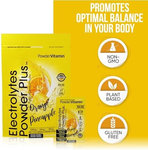 PowderVitamin Electrolytes Powder Plus, Keto, naranja piña, sin azúcar, 1000 mg de potasio, 120 mg de calcio, 120 mg de magnesio, sin OGM, cero
