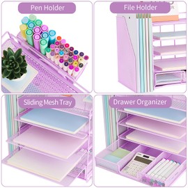 Youbetia Paper Letter Tray Organizer with Maganize Rack, 5 Tier Desk Organizers and Desk Accessories with Pen Holder, Office Desk Accessories Workspace Organization for Office Supplies (Purple)