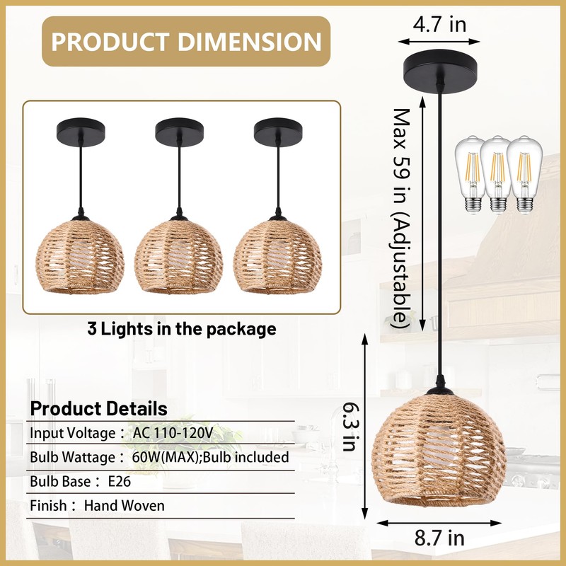 AyshwillDec 3 Pack Woven Pendant Light Boho Chandelier Dome Rustic