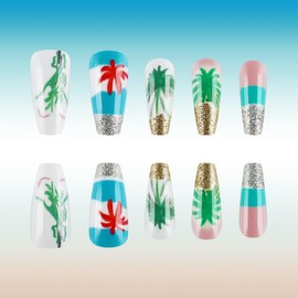Spring Summer Press on Nails Long Square False Nails with Fresh Blue Coconut Tree American Spicy Girl Shining Face Design Tropical Style Fake Nails Cute Blue White Glue Nails for Women Nail Art 24PCS