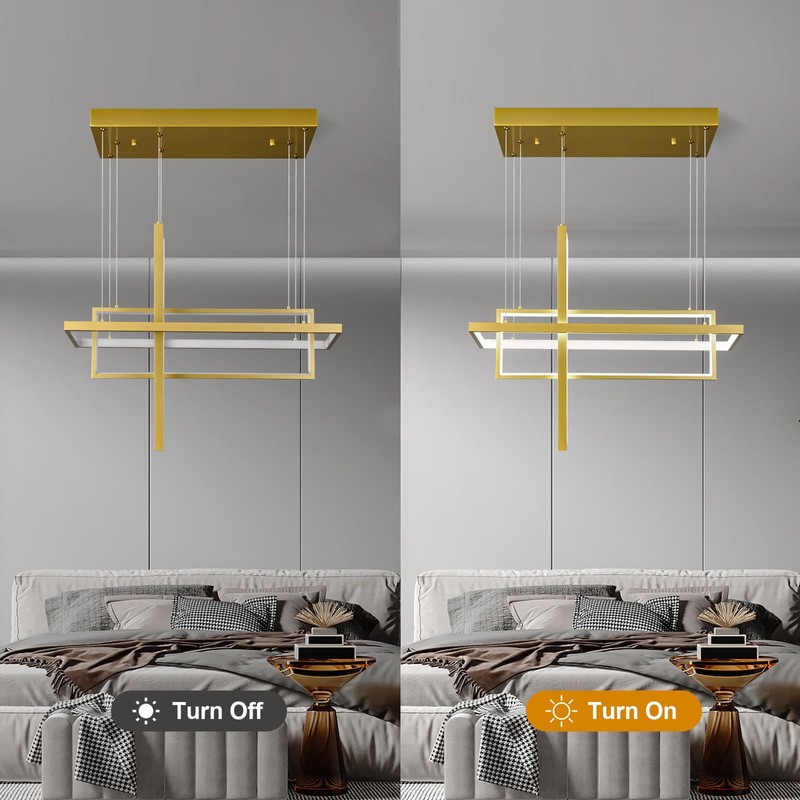 FDPBY Modern LED Chandelier 3 Rings Rectangle Gold Pendant Light