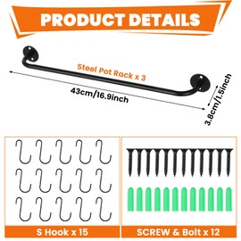 HOFURME 3 Pcs Wall Mounted Pot Pan Rack, Black Steel-Made Kitchen Utensil Rack Organizer, Industrial Utensils Wall Hanger Iron Pipe Kitchen Hanging Rail with 15 S Hooks